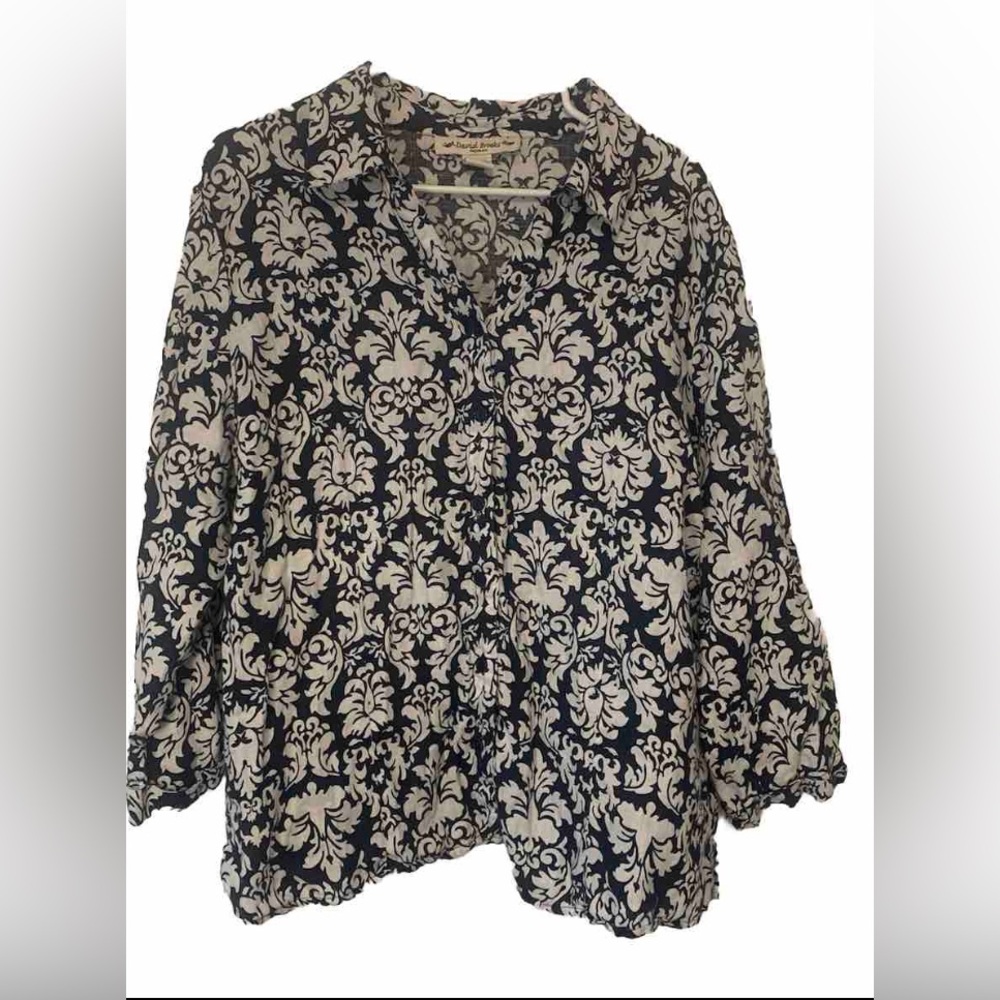 David Brooks Womam Linen Blouse 2X Navy White Floral Vine Print 3/4 Sleeve